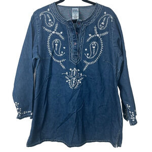 Main Street Blues Women Plus 18W Denim Pullover Cotton Shirt Embroidered A19